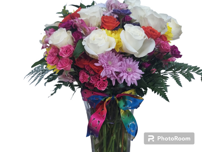 Mixed Flowers in Large Colorful Vase Bouquets